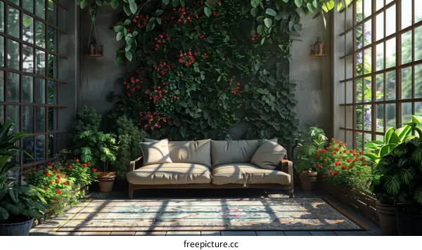 Indoor Garden Room with Lush Plants and Sofa