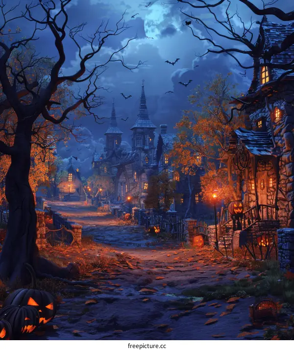 Spooky Halloween Village with Haunted House, Pumpkins, and Bats