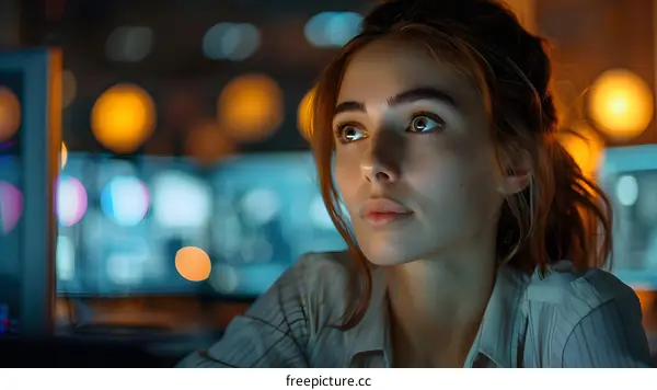 Woman Looking at Computer Screen in Office