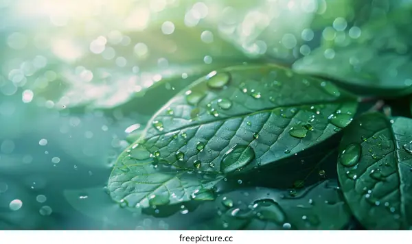 Close-up of water drops on green leaves with a blurred background