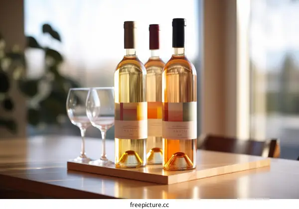 Three Bottles of Wine on a Wooden Table