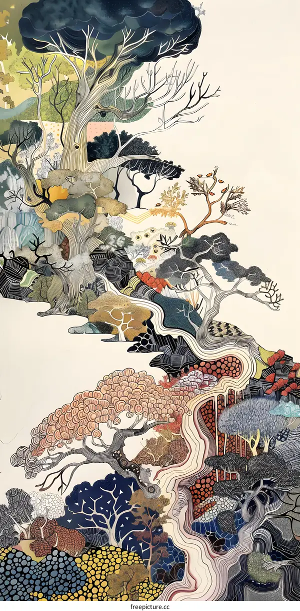 Abstract Landscape Illustration with Trees and Winding Paths