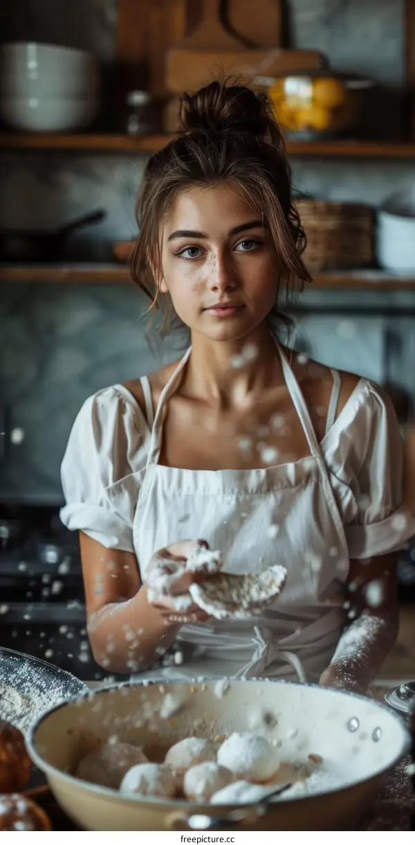 Chef Woman Kneading Dough in Kitchen