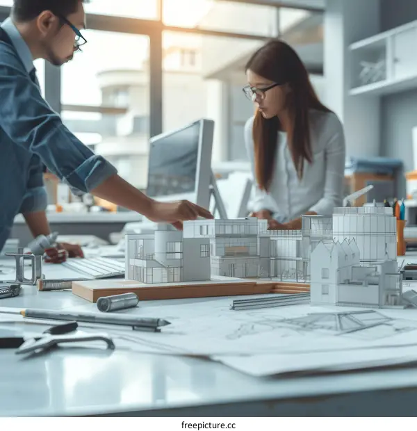 Two architects discussing over a building model