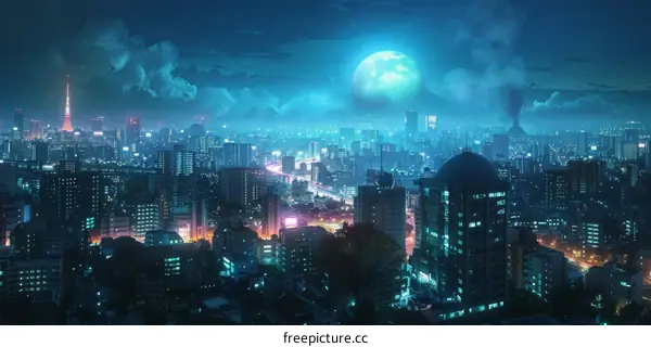 futuristic city night scene with large moon