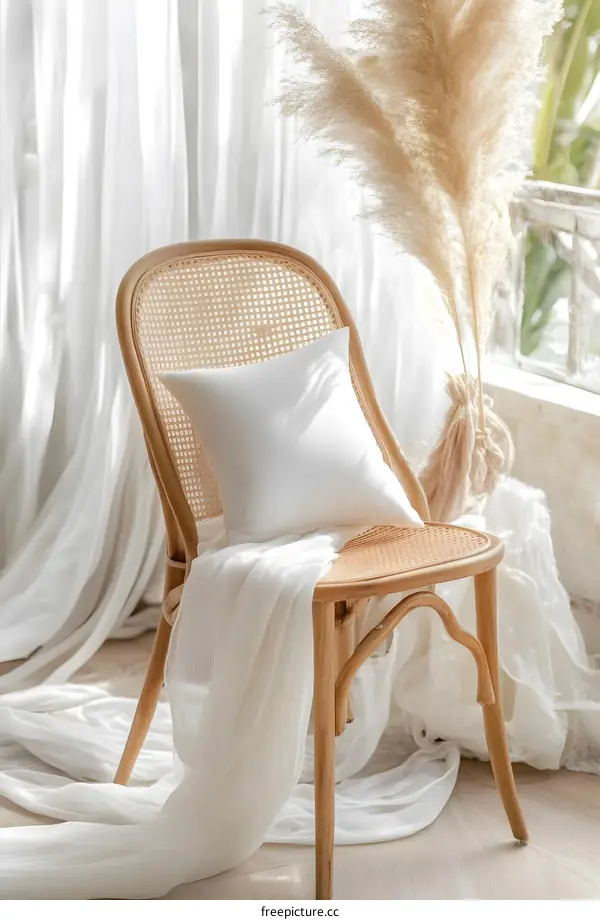 White Pillow On Wicker Chair With Pampas Grass