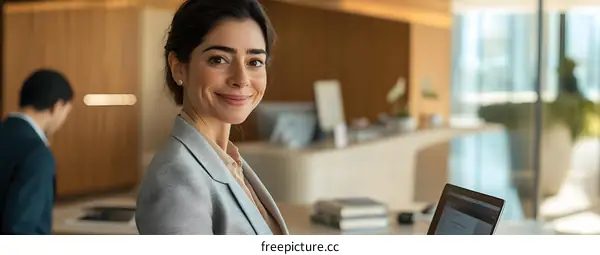 Smiling Woman Holding Laptop in Office Building