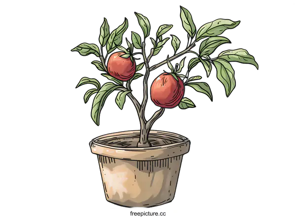 [Transparent Background PNG]Hand Drawn Illustration of a Potted Plant With Red Fruits