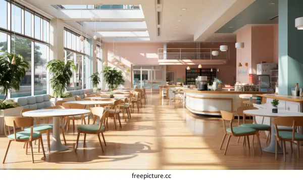 Retro cafeteria with large windows and pink accents