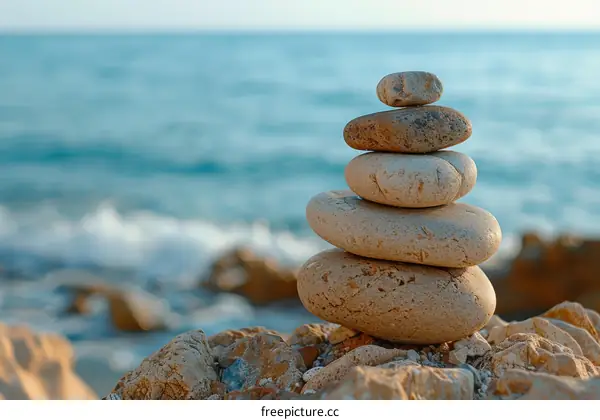 Stack of stones on the beach with the sea in the background