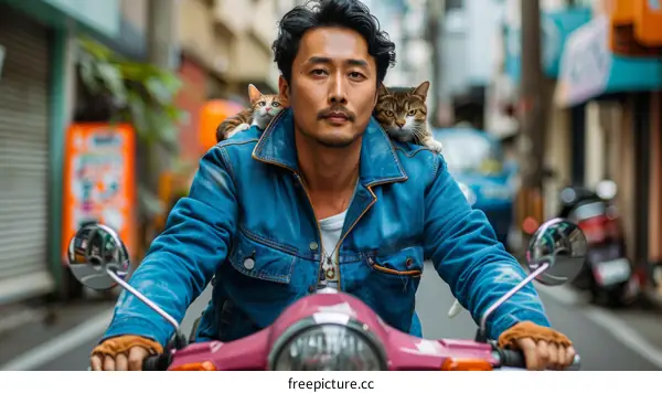 A man riding a motorcycle with two cats on his shoulders