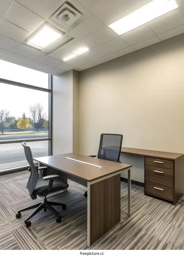 Modern Office Interior with Desk, Two Chairs and Window View