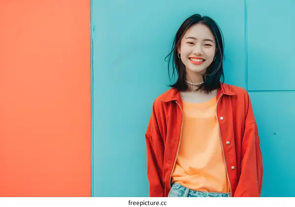 Smiling Asian Woman In Red Jacket Against Colorful Wall