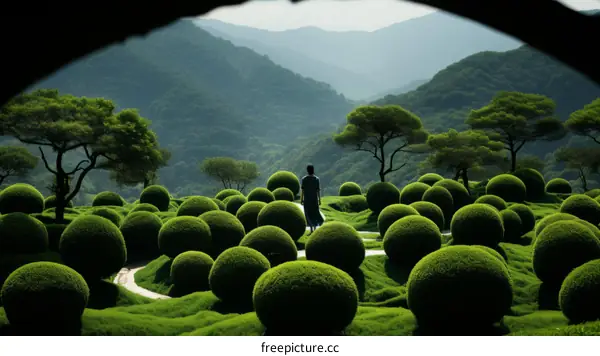 A Person Walking Through a Garden of Green Bushes