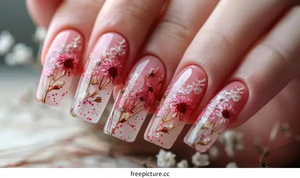 Close-up of a hand with a flower design on the nails