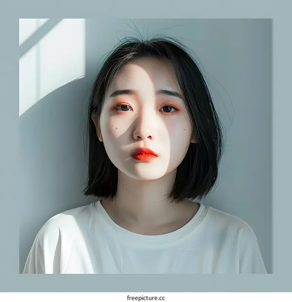 Portrait of a Young Asian Woman With Short Black Hair Wearing White Shirt