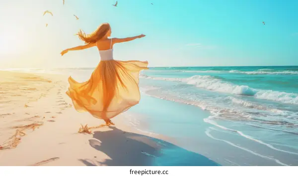 carefree woman dancing on beach at sunset