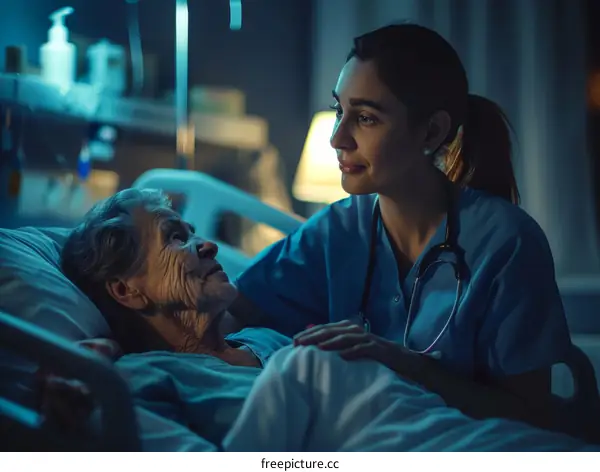 Caring Nurse Comforting Elderly Female Patient in Hospital Room