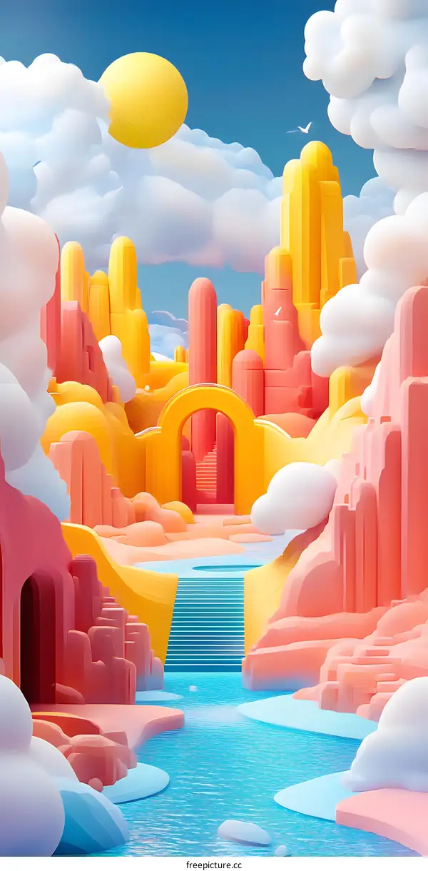 Abstract Colorful Cartoon Landscape With Mountains and Clouds