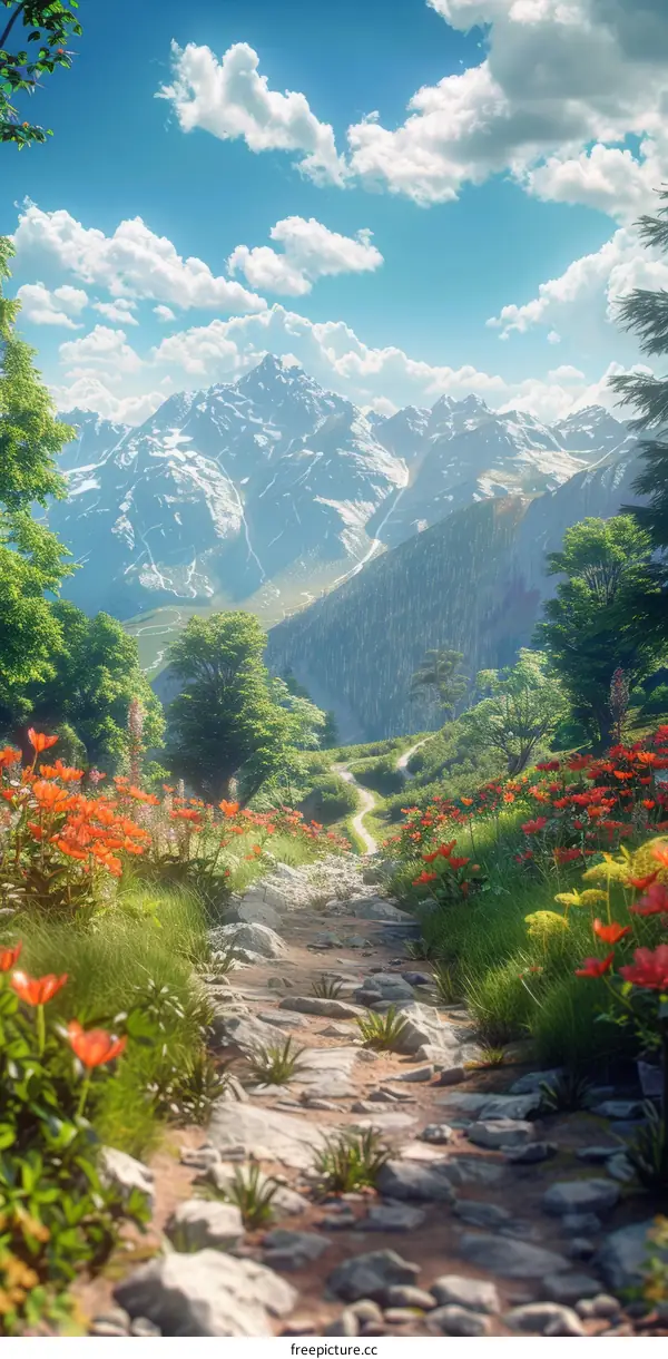 Stunning Rocky Mountain Path with Red Wildflowers