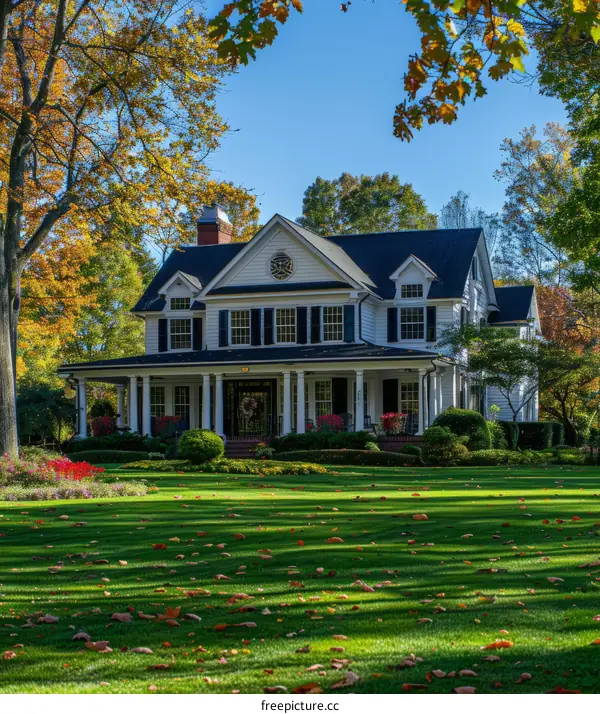 White House with Black Shutters Surrounded by Fall Foliage