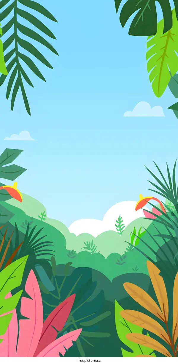 Tropical Jungle Landscape Illustration with Lush Green Leaves and Blue Sky