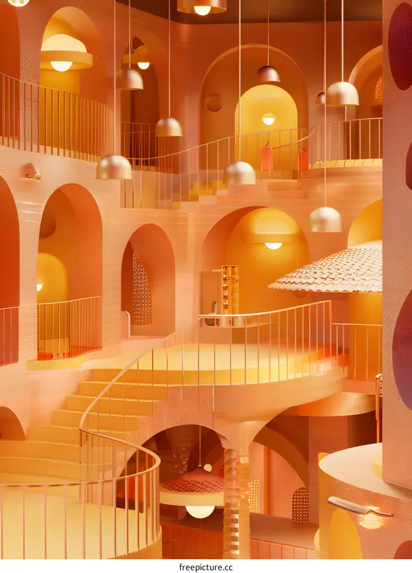 Abstract Interior Design with Yellow Archways and Staircase