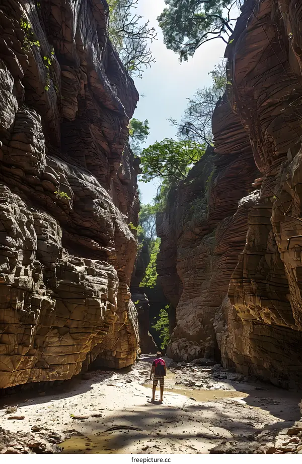 A Person Standing in a Narrow Canyon with Tall Rock Walls and Lush Green Trees