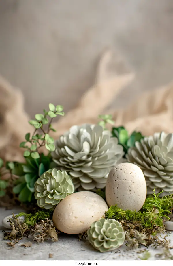 Green Flowers And Rocks On A Gray Background