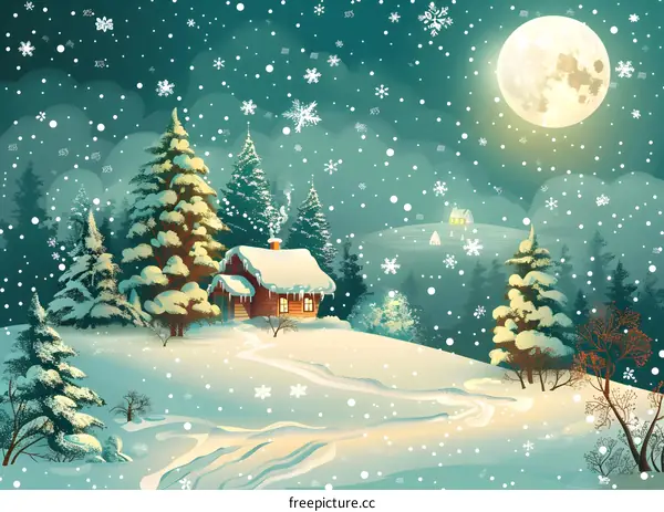 A cabin in the woods surrounded by snow-covered trees and a full moon in the background.