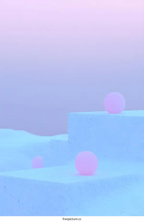 Abstract Pastel Pink Spheres on Blue Platforms