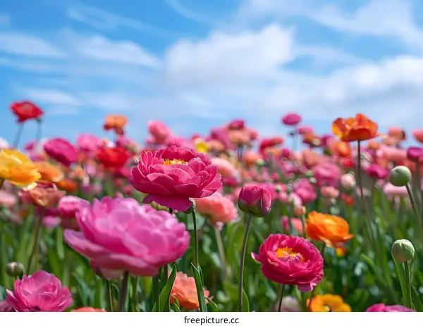 Colorful Ranunculus Flowers Field Under Blue Sky