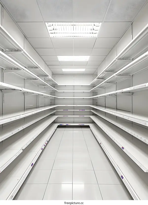 Empty White Shelving In A Store Room