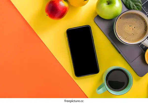 Flat Lay of Orange and Yellow Background with Coffee, Phone and Fruits