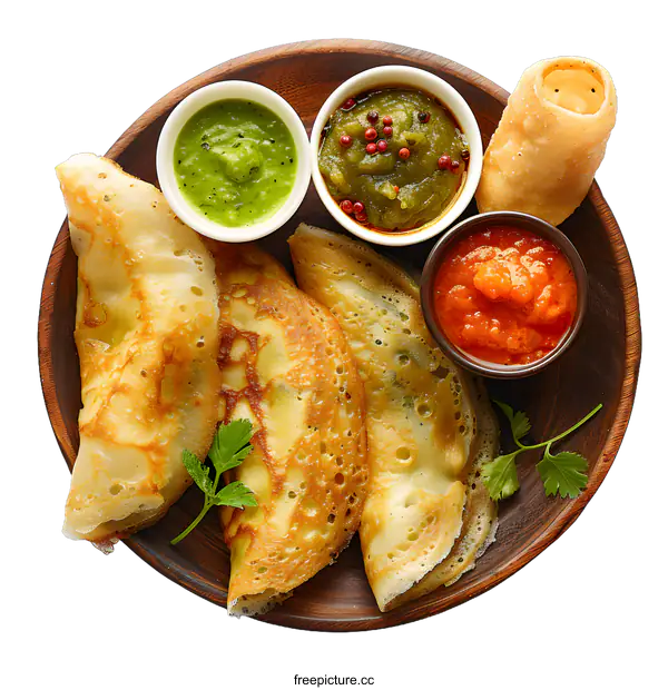 [Transparent Background PNG]Delicious Indian dosa with chutney and sambar