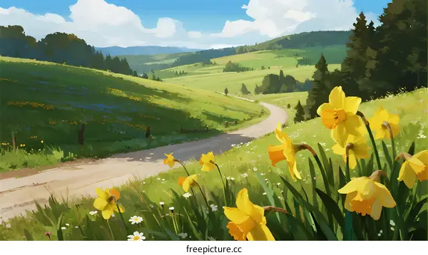 A Scenic Spring Countryside Road with Vibrant Daffodils