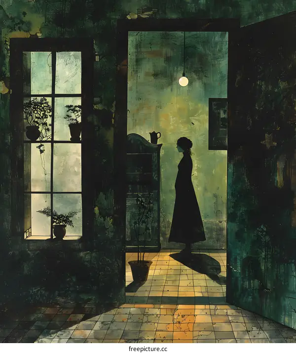 A woman standing in a doorway, with a plant in front of her