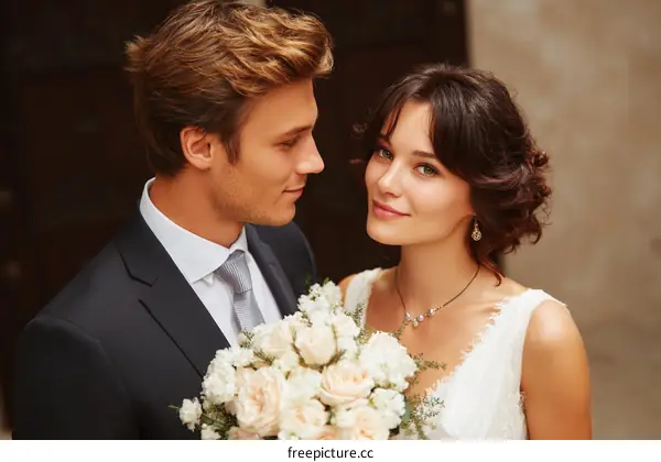 Couple in Wedding Attire with Bouquet