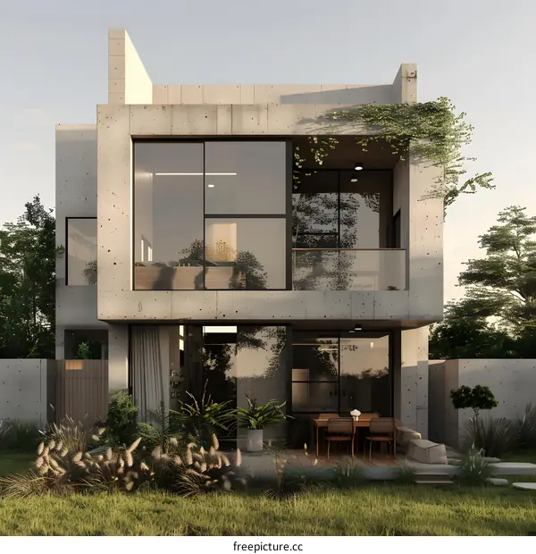 Modern Concrete House with Large Windows and Green Plants