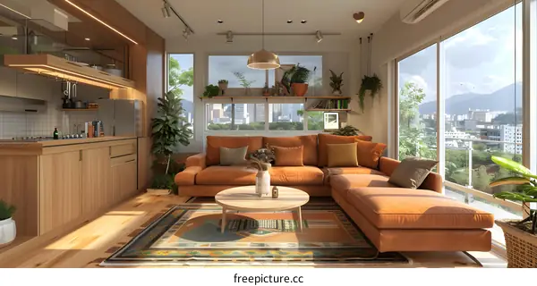 A modern living room with a large orange sectional sofa, a coffee table, and a rug.