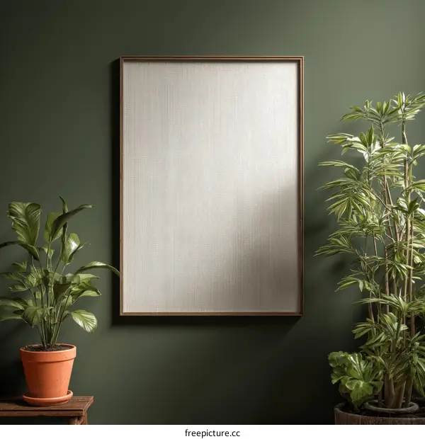 Empty Frame Mockup with Plants and Dark Green Wall