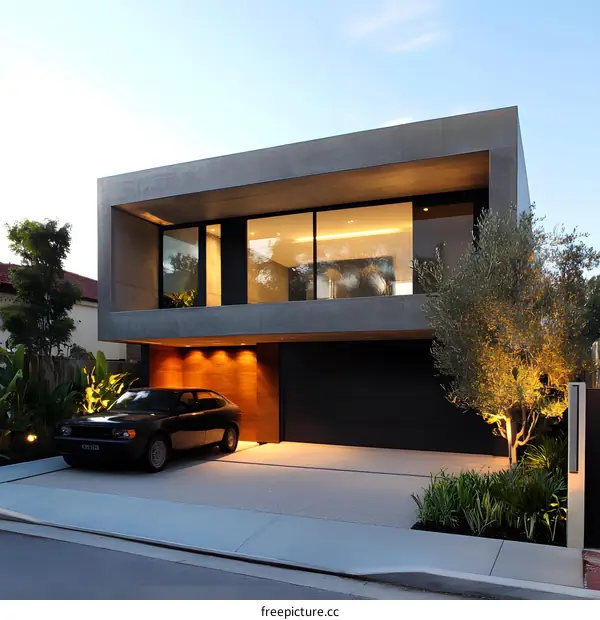Modern Concrete House with Garage and Landscaping