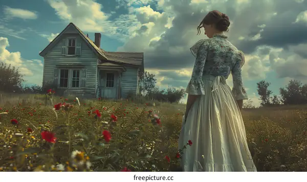 girl in prairie dress standing in front of abandoned house