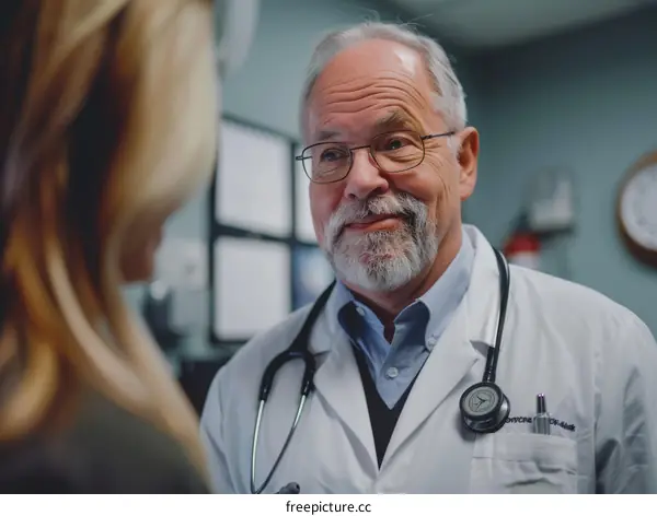 A gray-haired male doctor is talking to a patient.