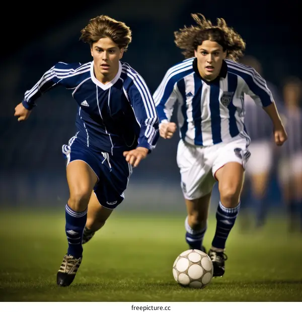 Two young male soccer players compete for the ball during a match