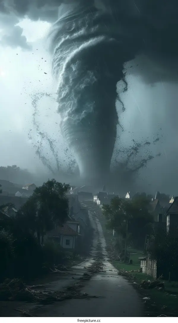 A tornado sweeps through a small town, destroying everything in its path