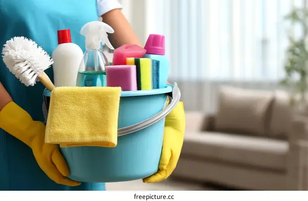 Cleaning Supplies in a Bucket Held by a Person