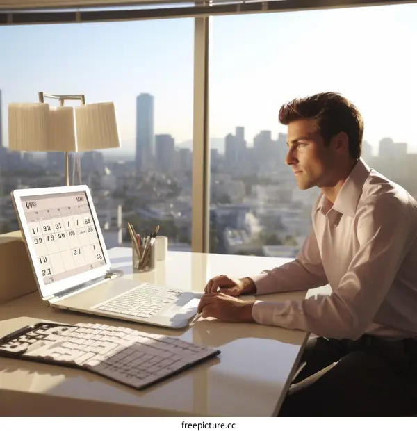 Businessman working on laptop in modern office with city view