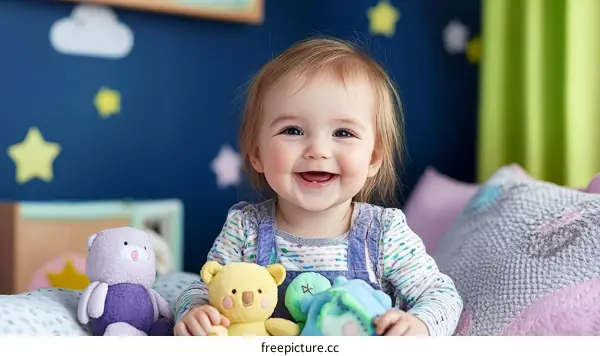 Baby Girl with Soft Toys in a Nursery