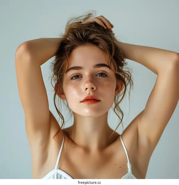 Portrait of a Young Woman with Freckles and Blue Eyes